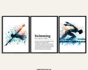 May include: A set of three framed art prints featuring a watercolor-style swimmer in motion on the left and right panels, with the dictionary definition of the word Swimming printed in black text on a white background in the center panel.
