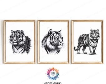Zwart-witte tijgerprints - aquarel dierenprint | Safaridierencadeau | Tijger schilderij | Abstracte poster | Tijgerkunstwerk | Muurkunst