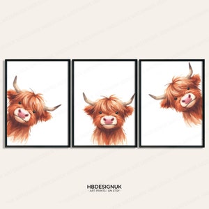 Peeking Highland Cow Prints - Set of 3 Nursery Posters | Animal Playroom Decor | Gender Neutral Baby Wall Art | Peekaboo Poster Print A3/A4