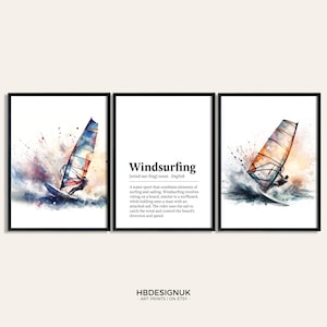 Windsurfing Print Poster Set - Set of 3 Windsurfer Posters | Watercolour Art Painting | Wind Surfing Decoration Decor | Sports Gifts