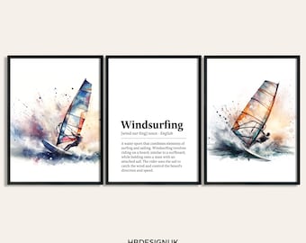 Windsurfing Print Poster Set - 3er Set Windsurfer Poster | Aquarell Kunst Malerei | Windsurfen Dekoration Dekor | Sport-Geschenke