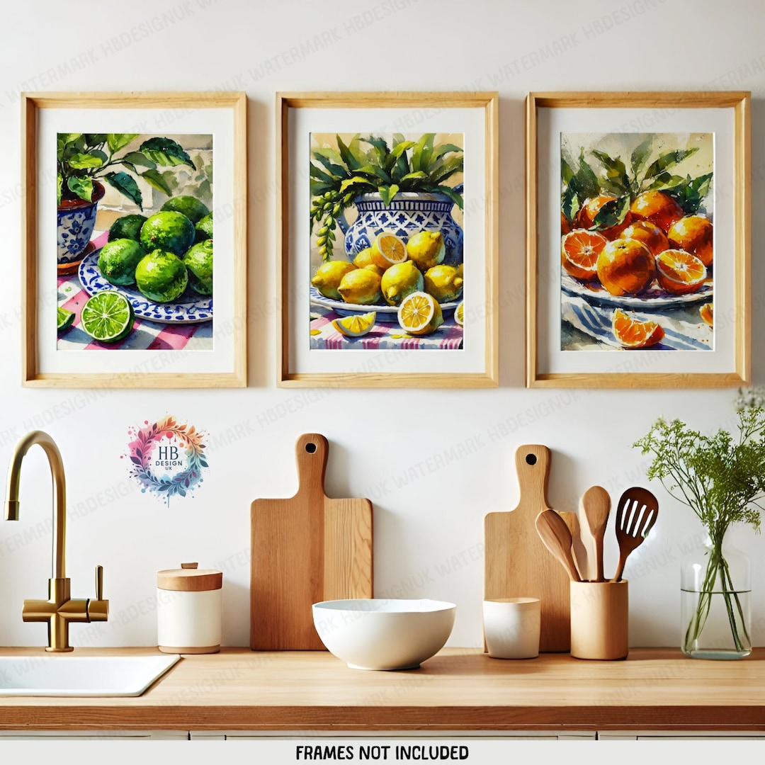add a touch of nature to your kitchen with citrus... Kitchen Fruit Posters - Set of 3 Prints | Lemon, Orange, Lime ...