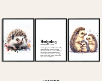 Hedgehog Poster Set - Set of 3 Prints | Watercolour Hedgehog Family Print | Wall Hanging Decor | Animal Wall Art | British Wildlife Gifts