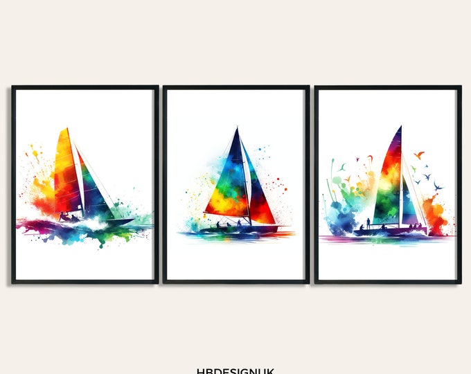Sailing Poster Print Set - Set of 3 Sailing Posters | Sailor Gifts | Watercolour Painting | Boat Print Gift | Boating Wall Artwork Decor