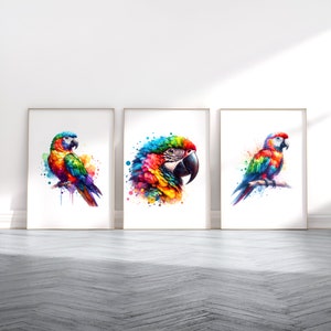 Parrot Print Poster - Set of 3 Paintings | Parrots Watercolour Prints | Paintings | Present Gifts for Him | Artwork Decor | Bird Wall Art