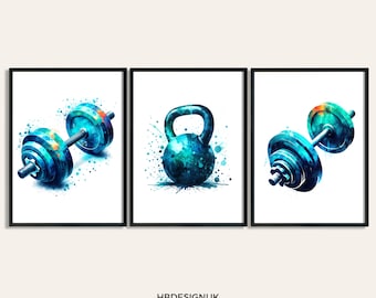 Gym Poster Print - Set of 3 Gym Posters | Watercolour Design | Dumbbell Decor | Fitness Wall Art Pictures | Kettlebell Home Gym Artwork