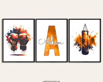 Personalised Boxing Posters - Set of 3 Orange Prints | Boys Girls Bedroom Decor | Custom Poster | Home Room Decor | Wall Art Artwork Print