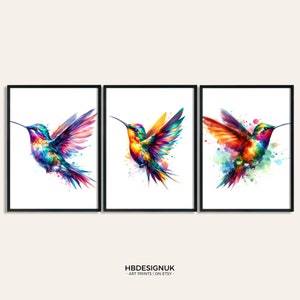 Impresión de arte de pared de colibrí - Juego de 3 carteles / Pintura de acuarela / Imagen de acuarela / Arte de pared para el hogar / Regalos de aves / Decoración de colibríes