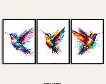 Hummingbird Wall Art Print - Set of 3 Posters | Watercolor Painting | Watercolour Picture | Home Wall Art | Bird Gifts | Humming Bird Decor