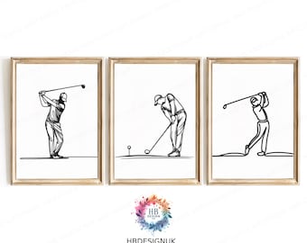 Minimalist Black Golf Print Set - 3 Prints | Boys Bedroom Decor | Golfer Gift | Golfing Poster | Golf Lover Unframed Wall Art | Line Artwork