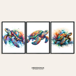 Sea Turtle Print Set - Set of 3 Posters | Colourful Watercolour Turtle Painting | Present Picture | Home Wall Art | Sealife Gifts | Birthday