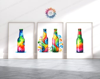 May include: Three colourful watercolour paintings of beer bottles. The bottles are decorated with rainbow colours and swirls. The paintings are framed and ready to hang.
