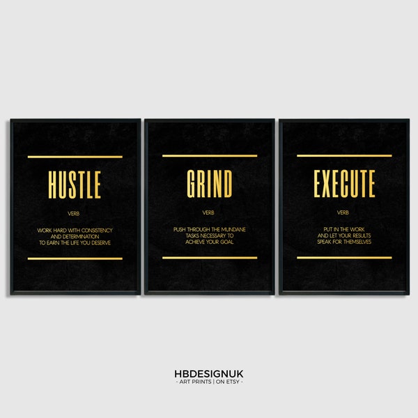 Hustle Grind execute Print Set - motivierende Dekoration für Zuhause, Büro, inspirierende Poster, kreative Wandkunst | A4, A3, A2, A1 - Ungerahmt