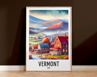 Stampa poster di viaggio del Vermont - Disegno ad acquerello / Opere d'arte da parete / Regali per le vacanze negli Stati Uniti / Decorazioni per la casa / Regalo di arte da parete / Immagine di pittura