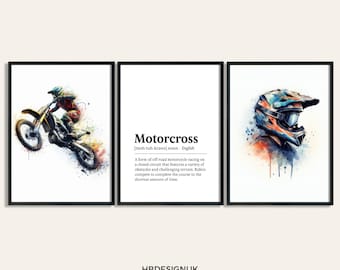 Conjunto de impresión de motocross - Conjunto de 3 carteles de motos de cross / Regalos de motocross para hombres / Impresiones de arte en acuarela / Decoración de obras de arte de pared para niños / Dormitorio