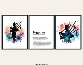 Bagpipe Watercolour Art Print - Set of 3 Music Artwork |  Music Watercolor Poster | Wall Art Musician | Bagpipes Picture Decor Room Gift