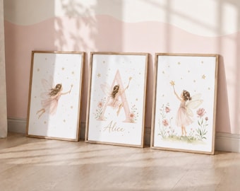 Personalised Fairy Nursery Prints - Set of 3 Girls Bedroom Decor, Kids Whimsical Wall Art