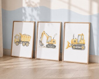 Nursery Construction Prints - Boys Digger Art, Nursery Vehicle Decor, Watercolour Style