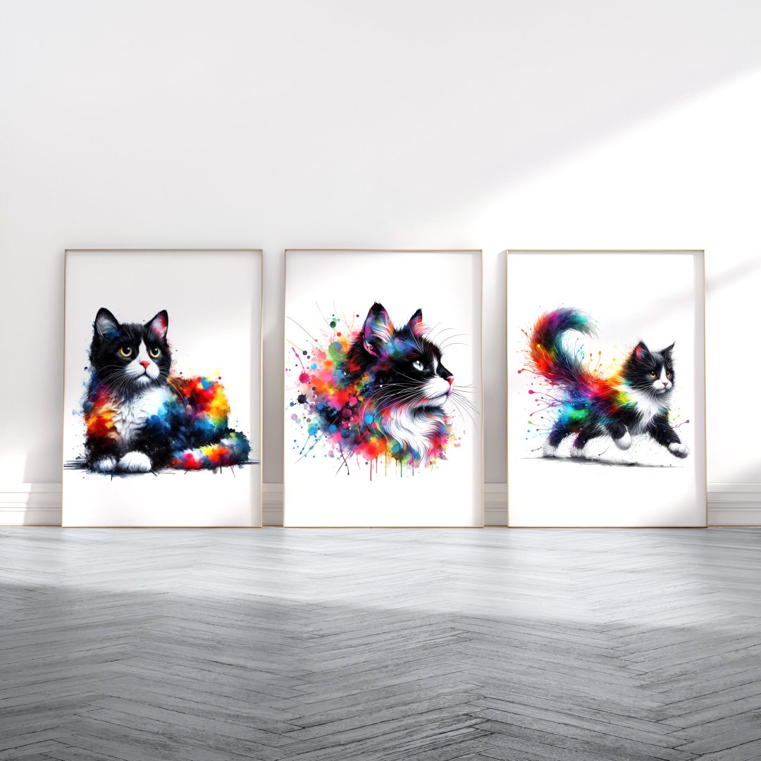 Tuxedo Cat Poster Set - Set of 3 Prints | Watercolour Print | Present ...