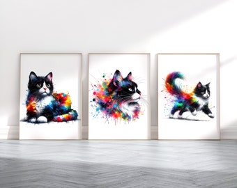 Zestaw plakatów Tuxedo Cat - Zestaw 3 wydruków | Wydruk akwarelowy | Obraz na prezent | Sztuka ścienna | Wystrój domu | Prezent dla miłośnika kotów | Czarno-biały