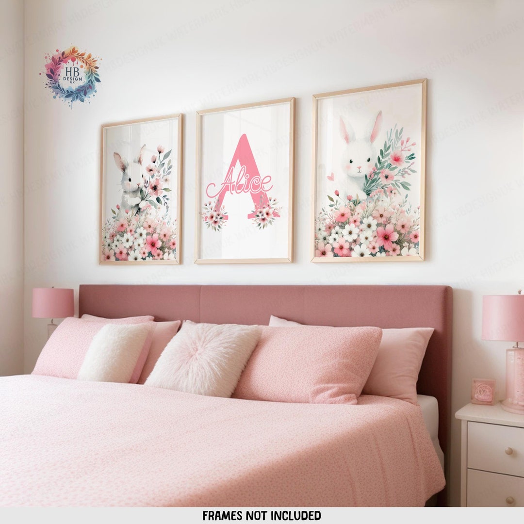 Pink Bunny Personalised Prints - Set of 3 Posters | Baby Girls Room ...