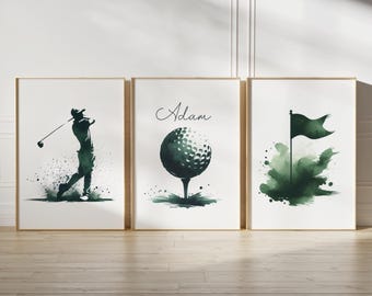Gepersonaliseerde golfprints - set van 3 groene posters | Slaapkamerdecoratie jongens | Aangepaste kunst aan de muur golfer | Kinderkamerdecoratie | Cadeau golfkunstwerk