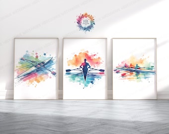 Rowing Wall Art Set - Set of 3 Rower Posters | Colorful Watercolor Decor | Decoration Decor | Gift for Rower | Rowing Boat Prints