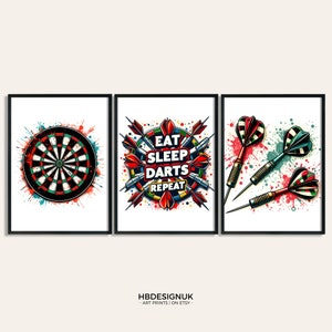 Darts Print Set - Eat Sleep Darts Repeat | Darts Fan Gift | Graffiti Style Posters | Darts Gifts for Men | Gaming Room Wall Art | Decor