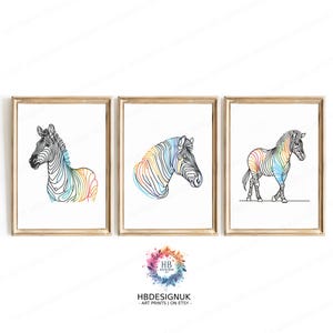 Colourful Zebra Prints - Set of 3 Posters | Zebra Wall Decor | Living Room Artwork | Modern Print Style | Zebra Line Drawing | Minimalist