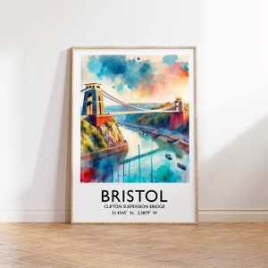 Bristol Travel Poster Print - Watercolour Design | Travel Wall Artwork | Bristol UK Gifts | Clifton Bridge Decor | Wall Art Gift | A3 & A4