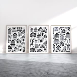 Scandi Houses Artwork Set - 3 Scandinavian Style Posters | Retro Art | Scandanavian Design | Black House Decor | Nordic Home Wall Print