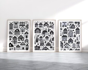 Conjunto de ilustraciones de casas escandinavas: 3 pósteres de estilo escandinavo, arte retro, diseño escandinavo, decoración de casas negras, impresión de pared nórdica.