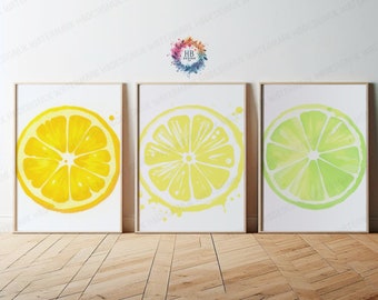 Minimal Kitchen Fruit Prints - Set of 3 Wall Art | Lemon, Orange, Lime | Dining Room Decor | Home Room Posters | Gallery Wall Print