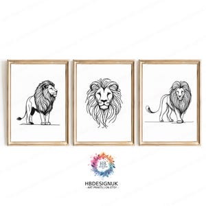 Lion Line Art Print - Set of 3 Lion Sketches | Minimalist Prints | Lions Drawing | Continuous Line Drawing Lion | Black and White Wall Art