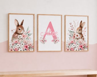 Floral Bunny Nursery Prints – Personalized Girl Bedroom Decor, Set of 3