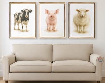 Farm Animal Prints - Sheep, Pig, Cow Wall Art Set, Watercolor Decor, UK Wildlife Artwork, Country House, Modern Painting Print, Farmhouse