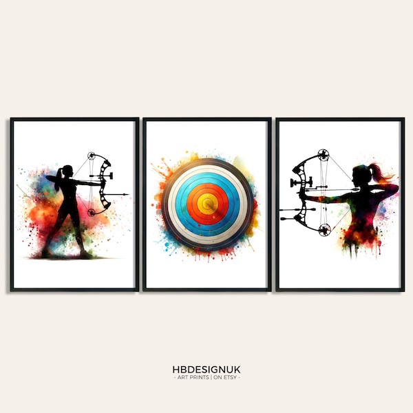 Archery Girl Wall Art Set - Conjunto de 3 impresiones / Pintura de acuarela / Carteles de tiro con arco para niños / Cartel de arquero / Ideas de regalos de tiro con arco / Decoración