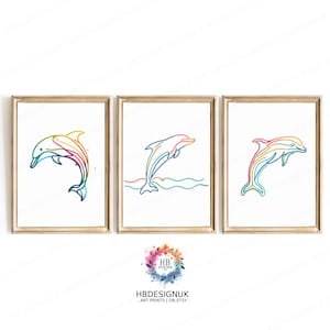 Set di arte murale minimalista con delfini - Stampe colorate / Opere d'arte con delfini / Decorazioni moderne colorate / Poster con linea di delfini / Minimalismo astratto