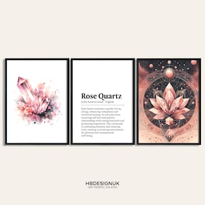 Impresión de cristal de cuarzo rosa - Conjunto de 3 carteles / Impresión de piedras preciosas de acuarela / Mineralogía que significa pinturas / Regalos / Decoración de obras de arte / Arte de pared