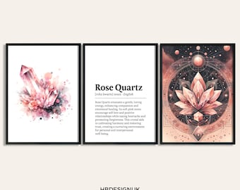 Impressão Cristal Quartzo Rosa - Conjunto de 3 Pôsteres | Impressão de pedras preciosas em aquarela | Mineralogia Significado Pinturas | Presentes | Decoração de obras de arte | Arte de parede