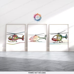 Helicopter Art Prints - Set of 3 Posters | Boys Bedroom Decor | Aircraft Wall Art | Line Drawing Style | Kid Nursery Poster | Aviation Gifts