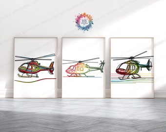 May include: Set of three colorful line art prints featuring a helicopter. Each print has a white background and a black frame. The text "FRAMES NOT INCLUDED" is at the bottom of the image.