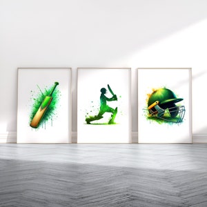 Cricket Poster Set - 3 Cricket Prints | Green Watercolour Cricket Wall Art | Gift for Cricket Lover | Cricket Room Artwork | Boys Decor