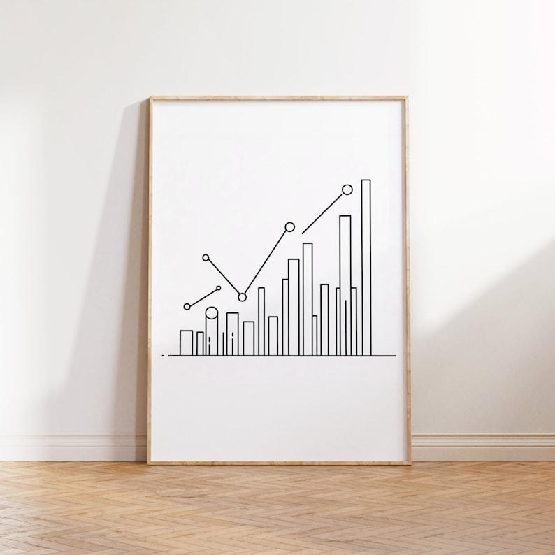 Puede incluir: Impresi&oacute;n en blanco y negro de arte de l&iacute;nea de un gr&aacute;fico que muestra una tendencia al alza. El gr&aacute;fico tiene una l&iacute;nea con c&iacute;rculos y barras que representan puntos de datos. La impresi&oacute;n est&aacute; enmarcada en un marco de madera claro.
