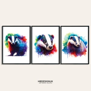 Colourful Badger Print Set - 3 Watercolour Posters | Badgers Wall Art | Artwork Decor | Vibrant Animal Wall Art | Room Gifts | Poster Gift