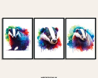 Kleurrijke dassenprintset - 3 aquarelposters | Muurkunst dassen | Kunstwerkdecoratie | Levendige dierenmuurkunst | Kamercadeaus | Postercadeau