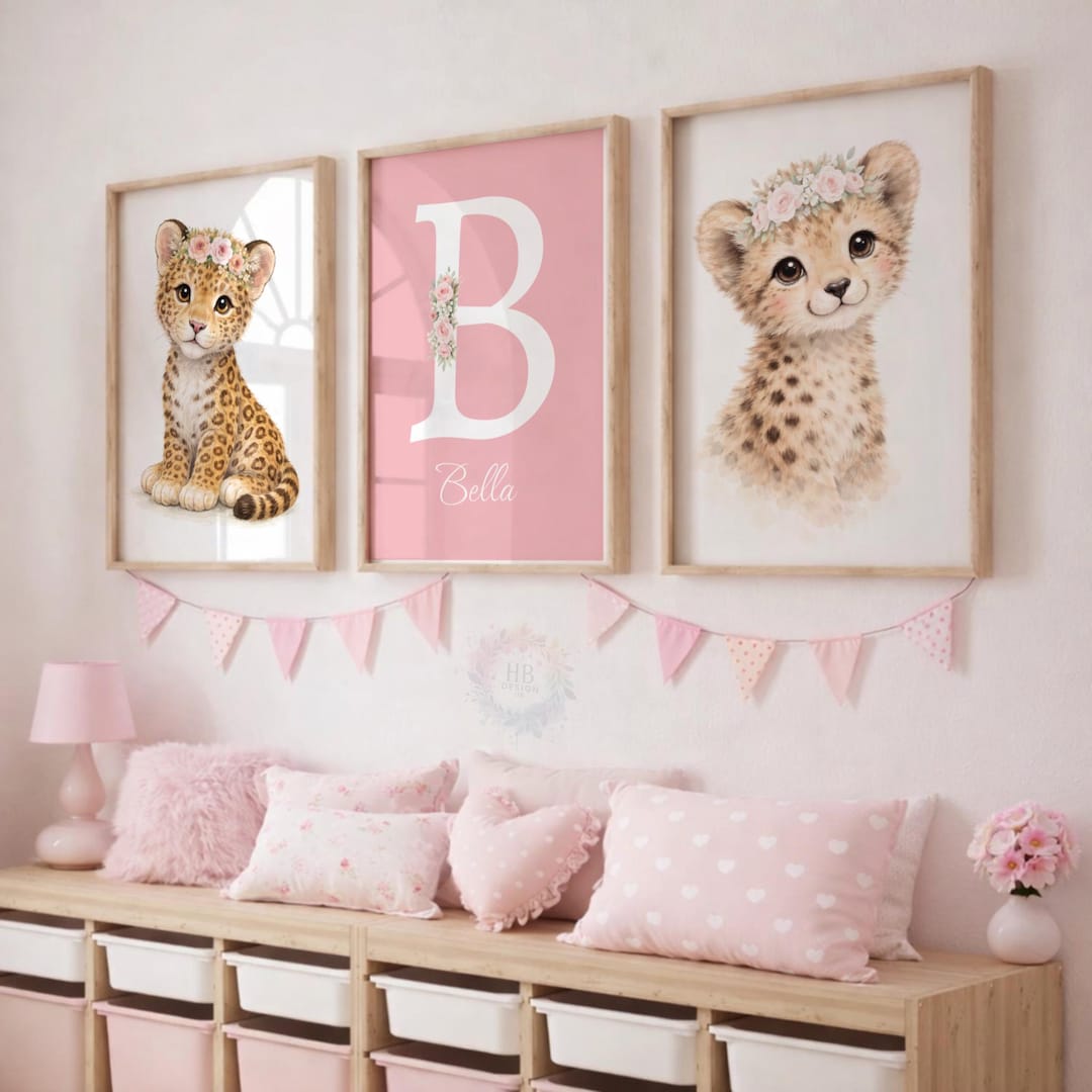 Girls Nursery Wall Art Set - Personalised Pink Safari Animal Prints ...
