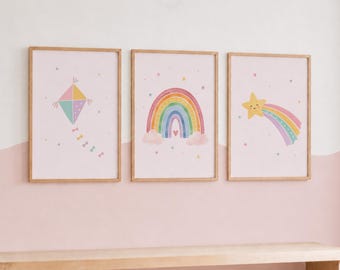 Rainbow Nursery Print Set of 3 - Pink Girls Playroom Decor, Colourful Wall Art