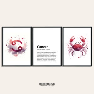 Cancer Zodiac Print  - Set of 3 Posters | Watercolour Cancer Gift | Astrology Paintings | Star Sign Wall Art | Artwork Decor for Her