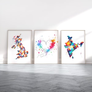 Du Royaume-Uni à l'Inde - Poster de carte personnalisé | Art mural cartes | Décoration de chambre personnalisée | Grande-Bretagne Impression | Aquarelle de voyage | Oeuvre d'art de couple